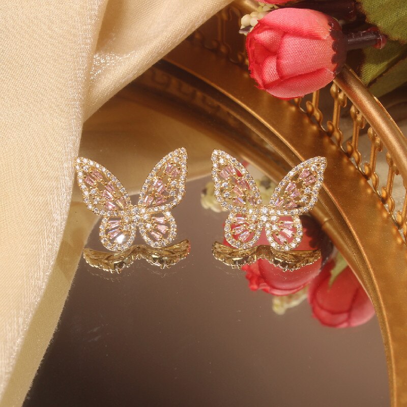 2022 Korea Jewelry Copper Inlaid Zircon Color Smart Butterfly Earrings Elegant Female Earrings