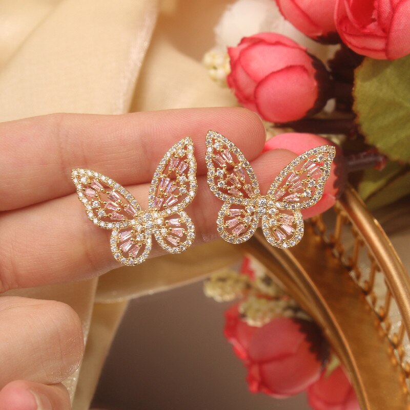 2022 Korea Jewelry Copper Inlaid Zircon Color Smart Butterfly Earrings Elegant Female Earrings
