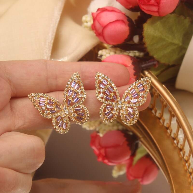 2022 Korea Jewelry Copper Inlaid Zircon Color Smart Butterfly Earrings Elegant Female Earrings