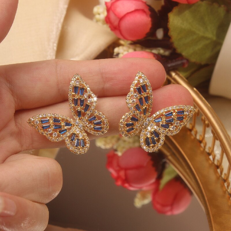 2022 Korea Jewelry Copper Inlaid Zircon Color Smart Butterfly Earrings Elegant Female Earrings