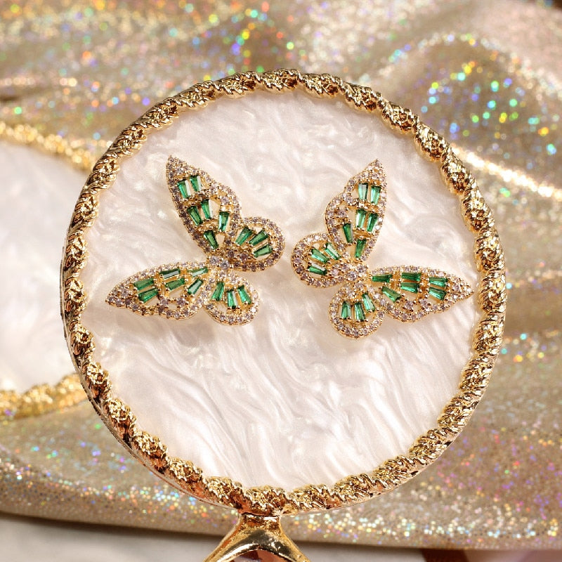 2022 Korea Jewelry  Micro Set Zircon Earrings Elegant Green Crystal Butterfly Prom Earring for wome