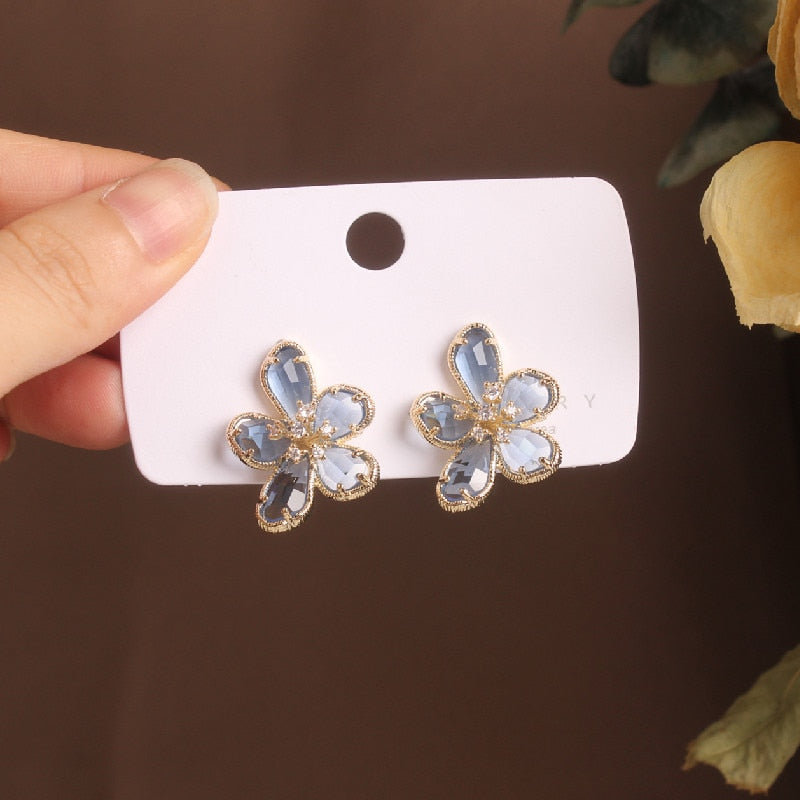 2022 Korean Design Jewelry Exquisite Copper Inlay Zircon Glass Flower Earrings Elegant Women Party Earrings