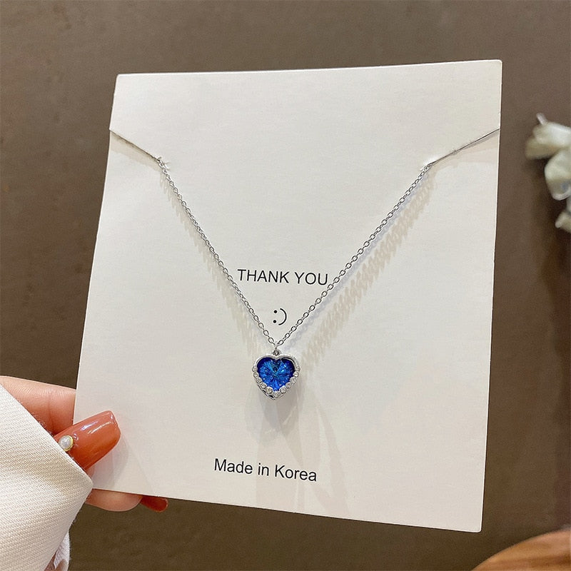2022 Korean Exquisite Blue Crystal Necklace Temperament Love Pendant Necklace Female Jewelry