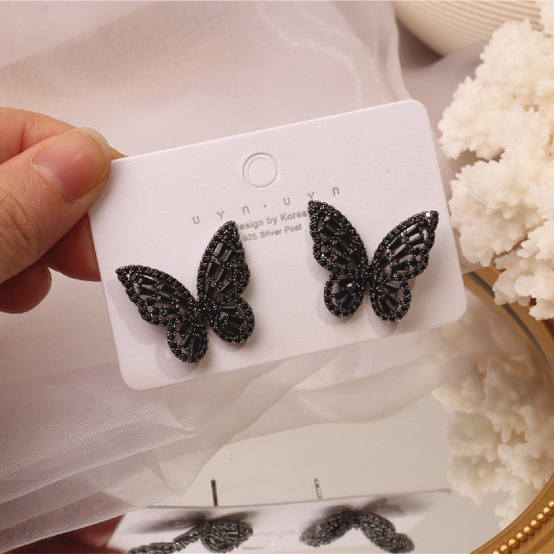 2022 Korean selling jewelry exquisite copper inlaid zircon black smart butterfly female elegant stud earrings