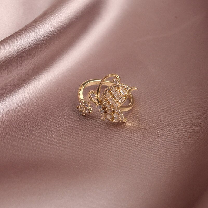 2022 Korean design jewelry copper inlaid zircon light  opening delicate smart butterfly flower female ring