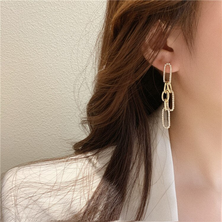 2022 Korean design jewelry long chain geometric buckle earrings copper inlaid zircon female tassel earrings