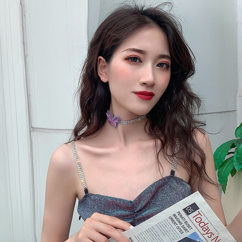 2022 Korean design jewelry sweet color lace embroidery smart butterfly pearl crystal chain female clavicle necklace