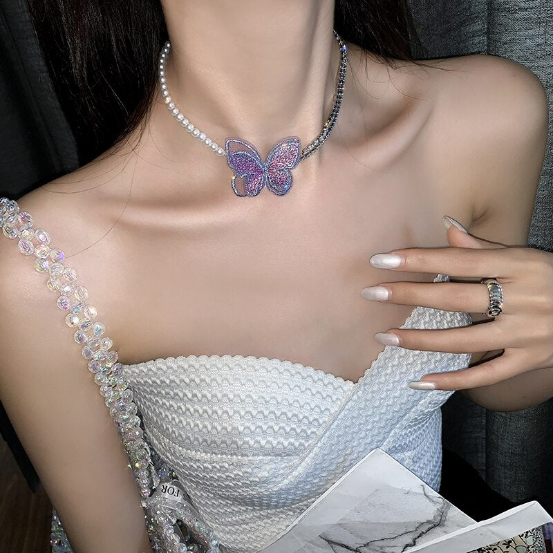 2022 Korean design jewelry sweet color lace embroidery smart butterfly pearl crystal chain female clavicle necklace