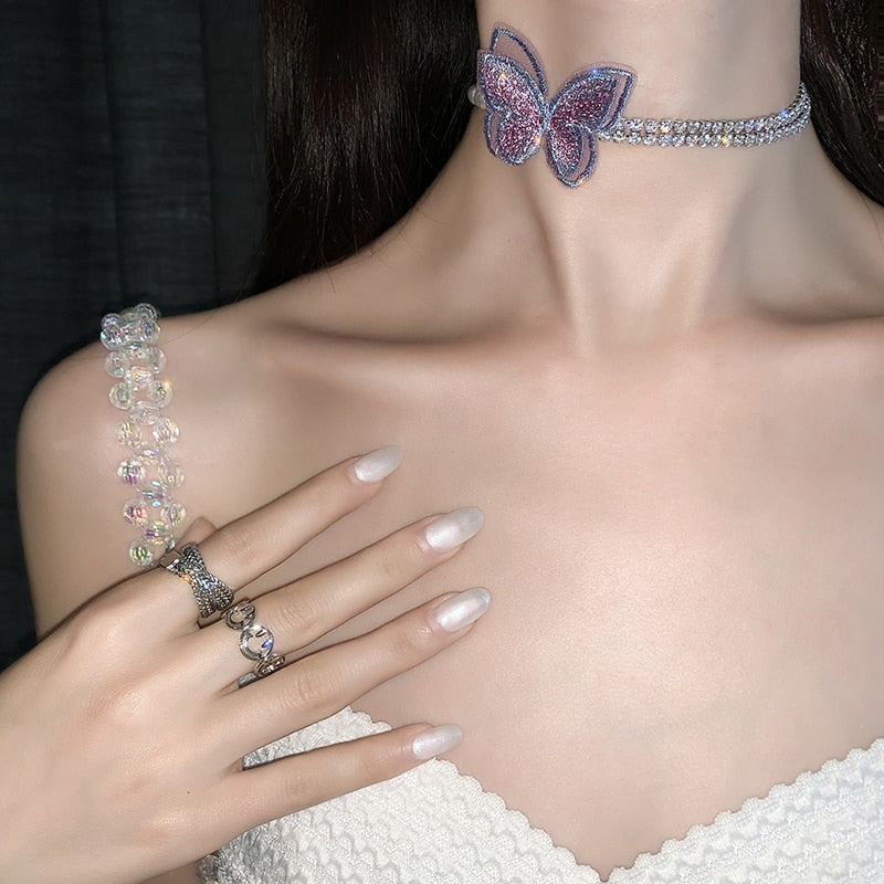 2022 Korean design jewelry sweet color lace embroidery smart butterfly pearl crystal chain female clavicle necklace