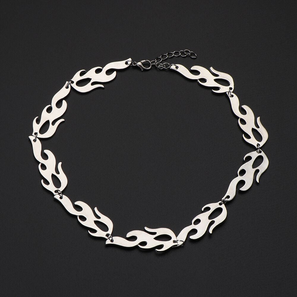 2021 Men's Overbearing Flame Necklace Simple European American Hip Hop Steel color Alloy Chain Necklace Accessories Gift