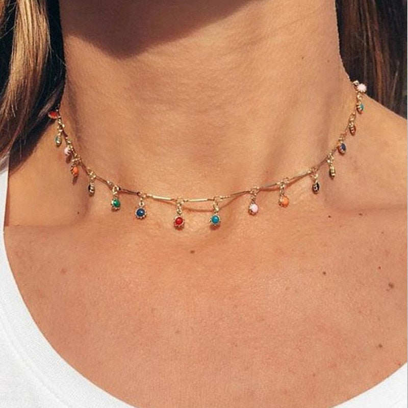 2021 Handmade Choker Necklace For Women Mujer Charm Colorful Stone Silver Color Chain Chockers Collier Femme Collares Bijoux