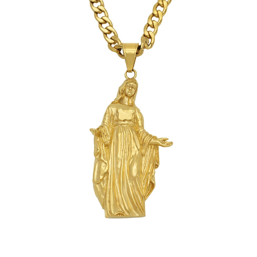 2021  316L Stainless Steel Chain With Gold Color Big Virgin Mary Pendant Necklace for Women Christian Jewelry Madonna