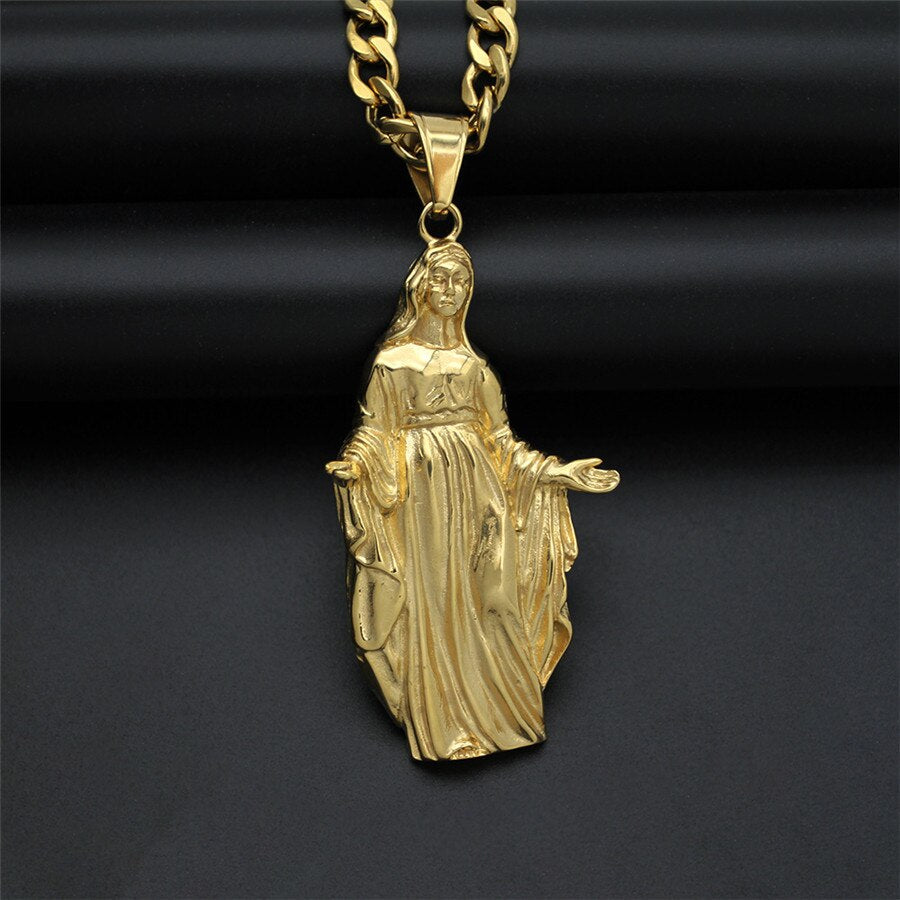 2021  316L Stainless Steel Chain With Gold Color Big Virgin Mary Pendant Necklace for Women Christian Jewelry Madonna
