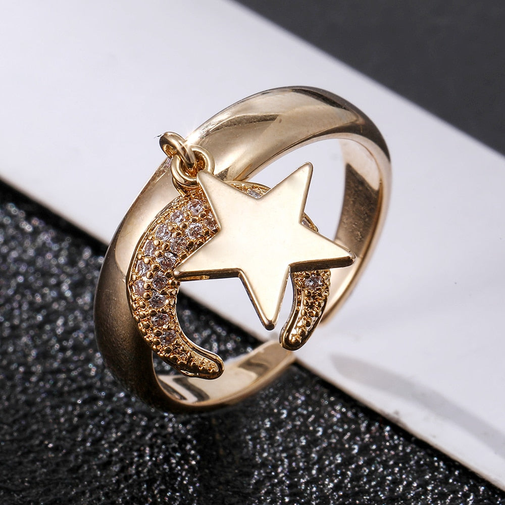 2022  CZ Cubic Zircon Ring Moon&Star Open Rings for Women Girls Wedding Engagement Party Female Finger Ring