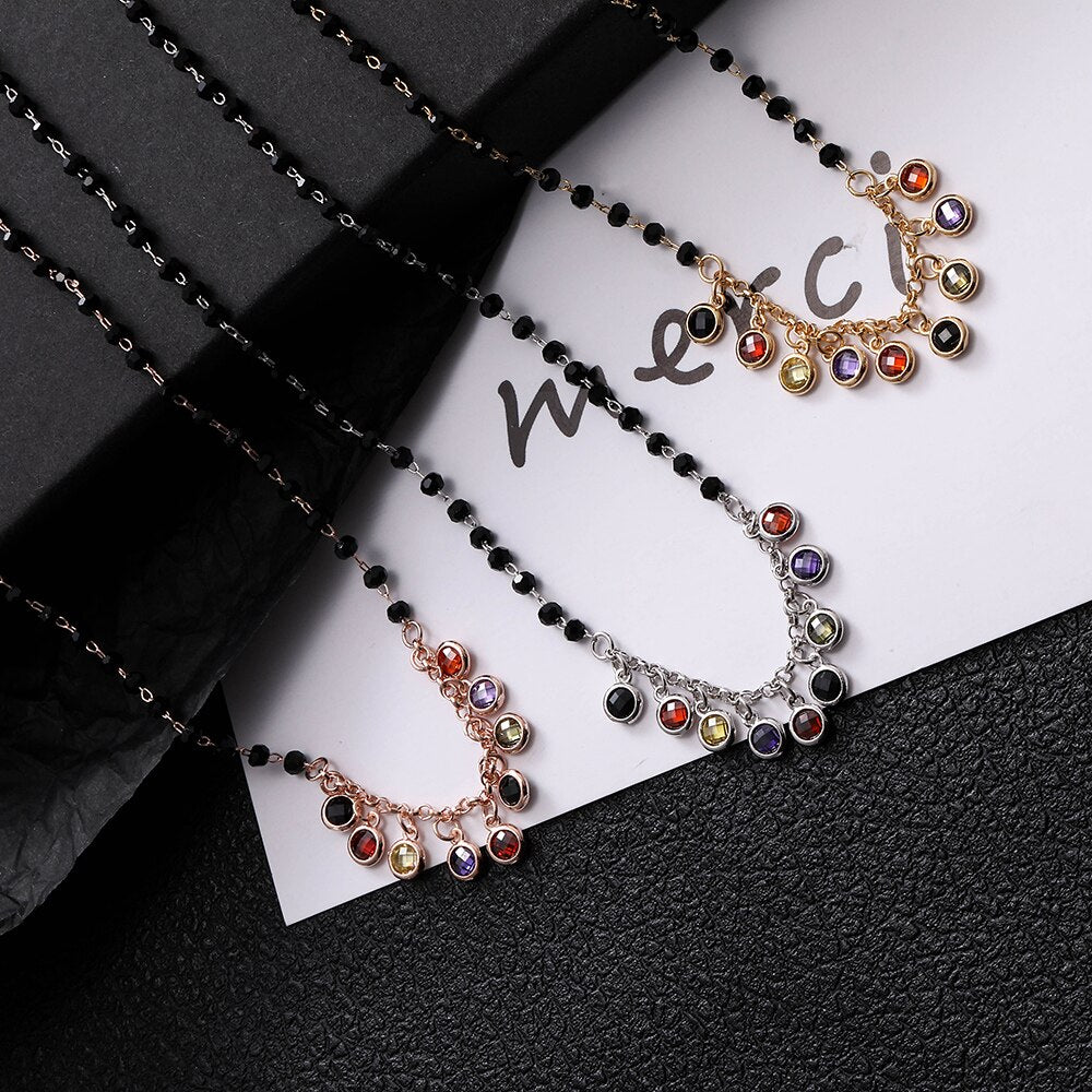 2022  Gold Color Initial Multicolor CZ Necklace Black Beaded Chain Necklace For Women Accessories Jewelry Girlfriend