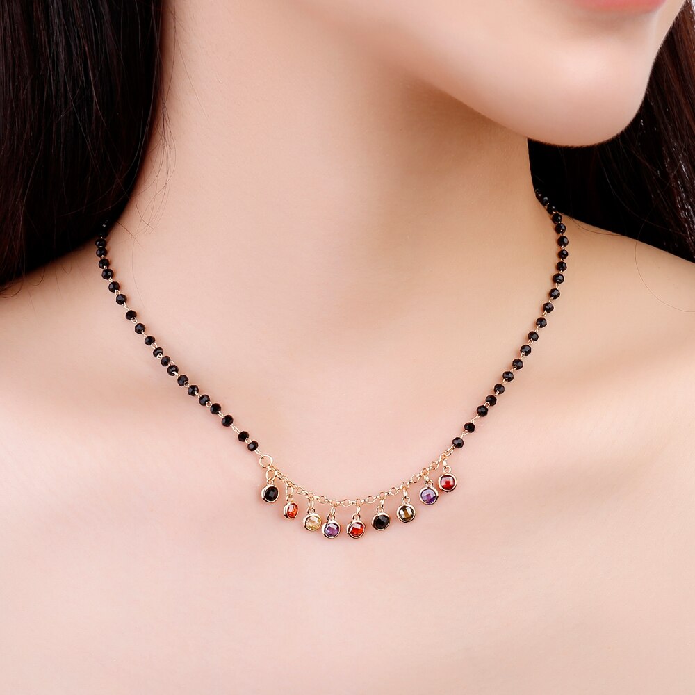 2022  Gold Color Initial Multicolor CZ Necklace Black Beaded Chain Necklace For Women Accessories Jewelry Girlfriend