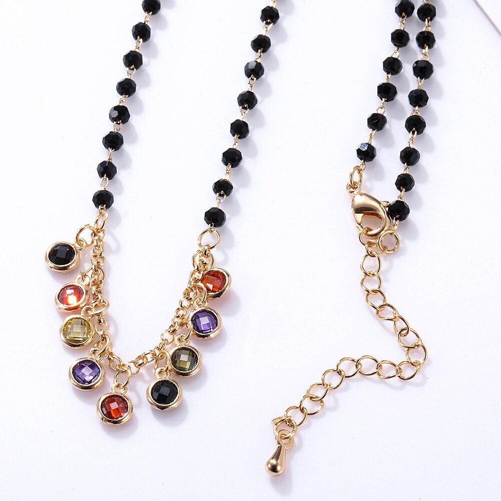 2022  Gold Color Initial Multicolor CZ Necklace Black Beaded Chain Necklace For Women Accessories Jewelry Girlfriend