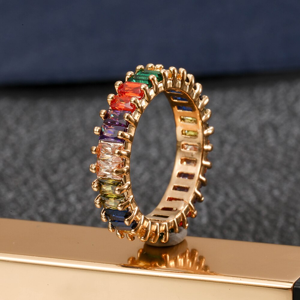2022  Women's Copper CZ Cubic Zircon Colorful Rainbow Rings Engagement Wedding Ring for Girls Party Jewelry Gift ins