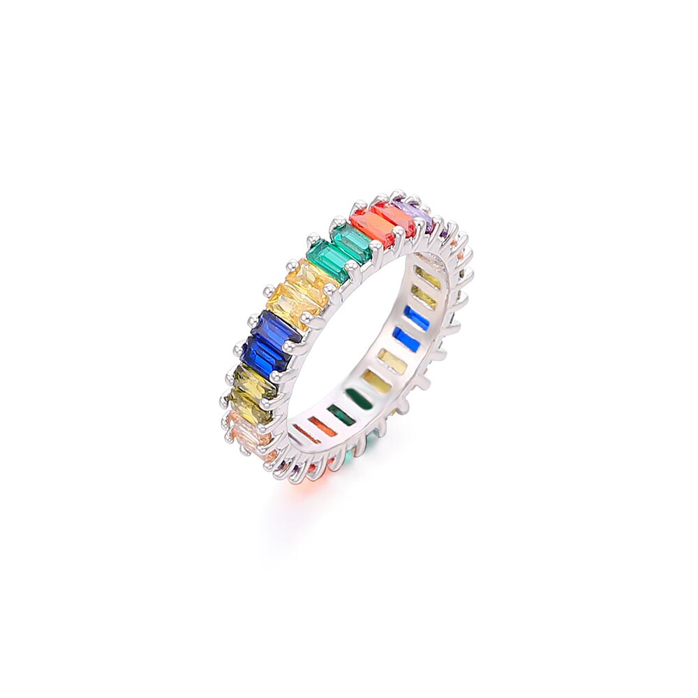 2022  Women's Copper CZ Cubic Zircon Colorful Rainbow Rings Engagement Wedding Ring for Girls Party Jewelry Gift ins