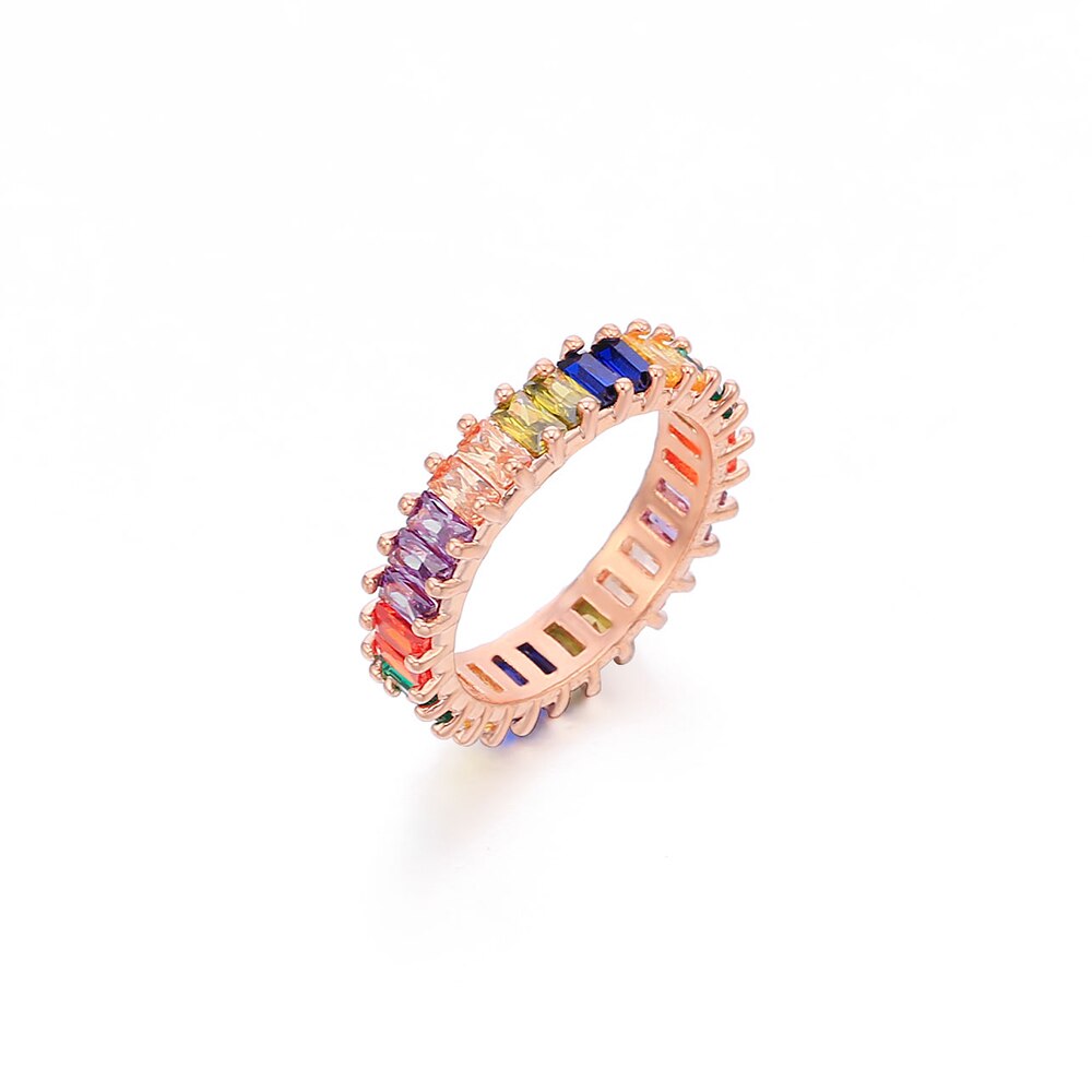 2022  Women's Copper CZ Cubic Zircon Colorful Rainbow Rings Engagement Wedding Ring for Girls Party Jewelry Gift ins