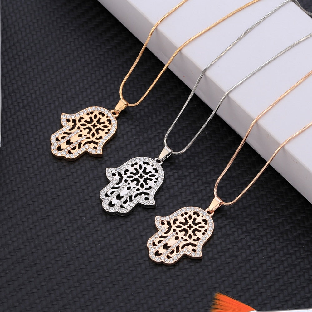 2022 CZ Zircon Hand Hamsa Pendant Necklace Gold Silver Color Hollow Clavicle Choker Necklace For Woman Jewelry Party Gifts