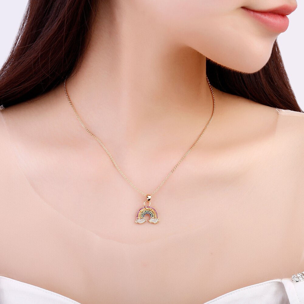 2022 Colorful Rainbow Cubic Zircon Pendant Necklace for Women Gold Silvery Chain Summer Necklace Women Trendy Jewelry Gift