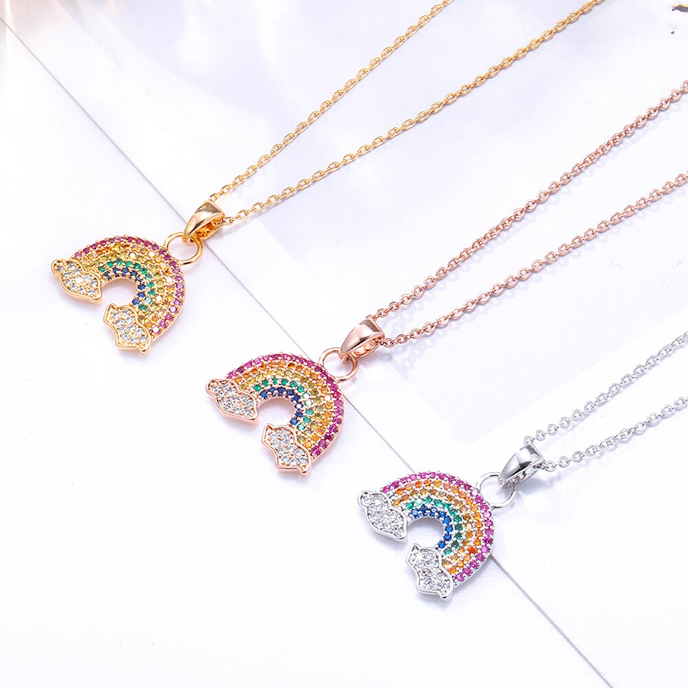 2022 Colorful Rainbow Cubic Zircon Pendant Necklace for Women Gold Silvery Chain Summer Necklace Women Trendy Jewelry Gift
