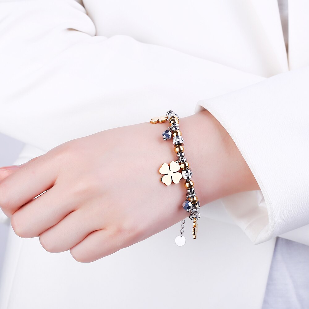 2022 Design Four Leaf Clover Stainless Steel Bracelet For Woman Lover Gold Silvery Popcorn Chain Bracelets Jewelry