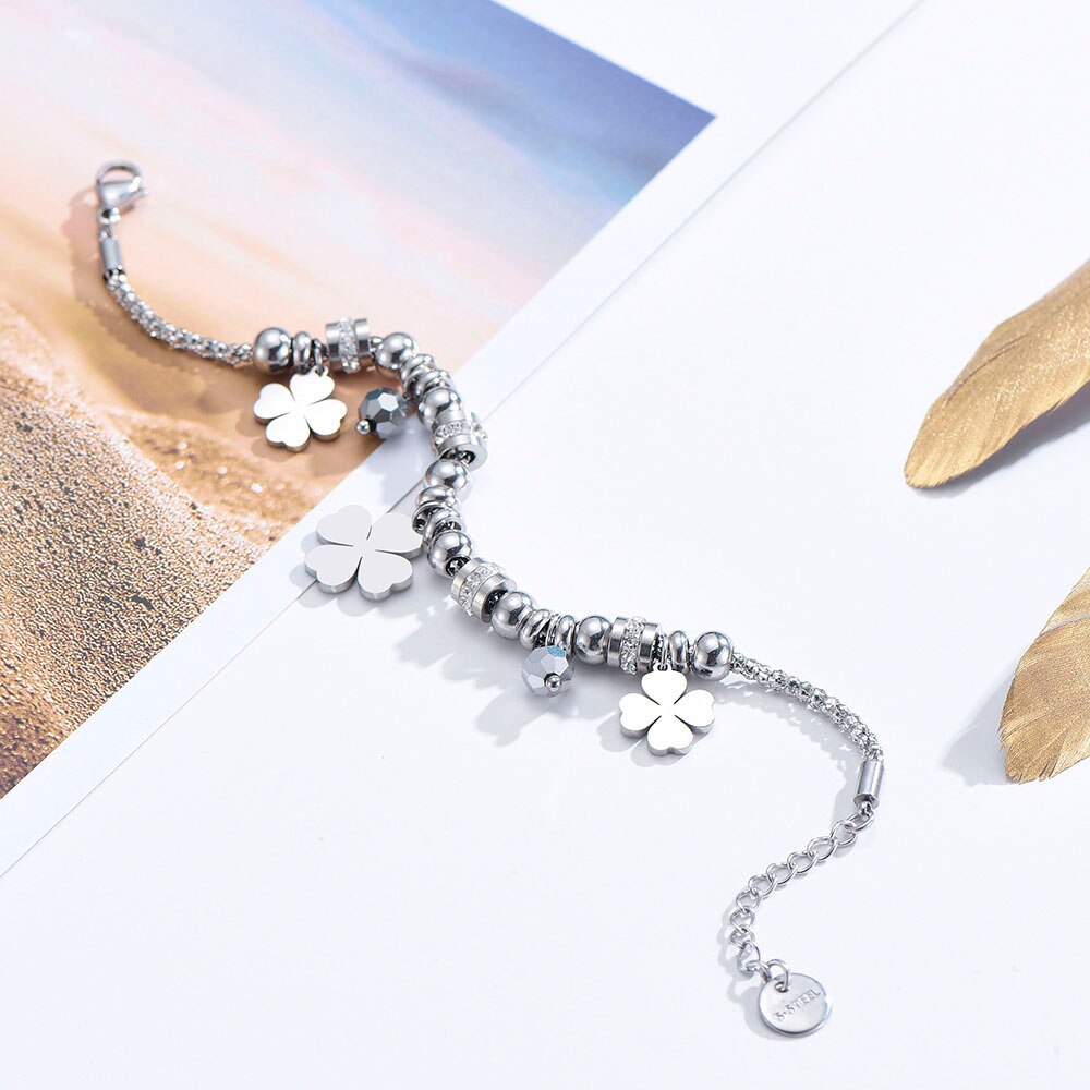 2022 Design Four Leaf Clover Stainless Steel Bracelet For Woman Lover Gold Silvery Popcorn Chain Bracelets Jewelry