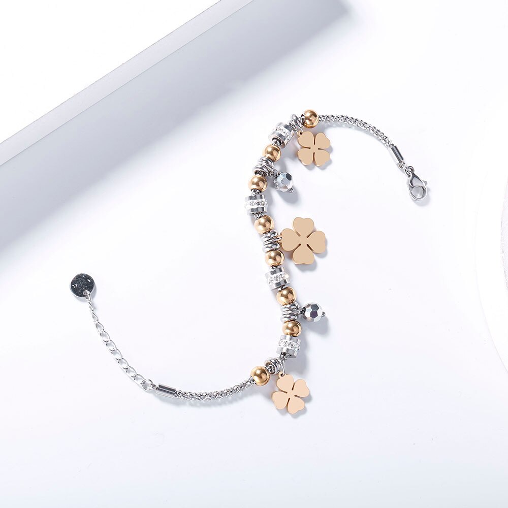 2022 Design Four Leaf Clover Stainless Steel Bracelet For Woman Lover Gold Silvery Popcorn Chain Bracelets Jewelry