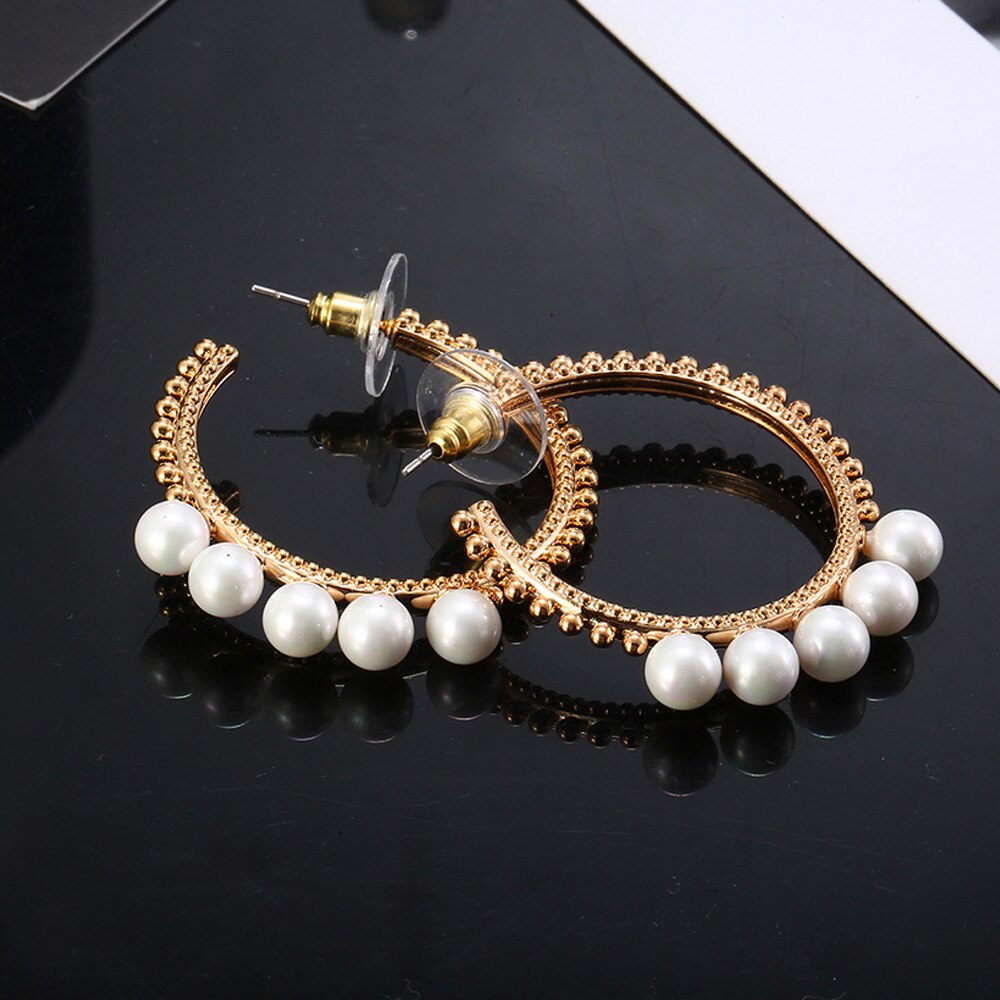 2022 Design Vintage Pearl Hoop Earings For Woman Gold Silvery Big Circle Earring For Girl Jewelry Gift