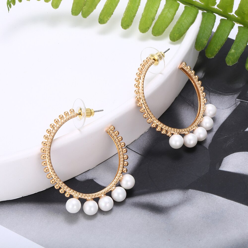2022 Design Vintage Pearl Hoop Earings For Woman Gold Silvery Big Circle Earring For Girl Jewelry Gift