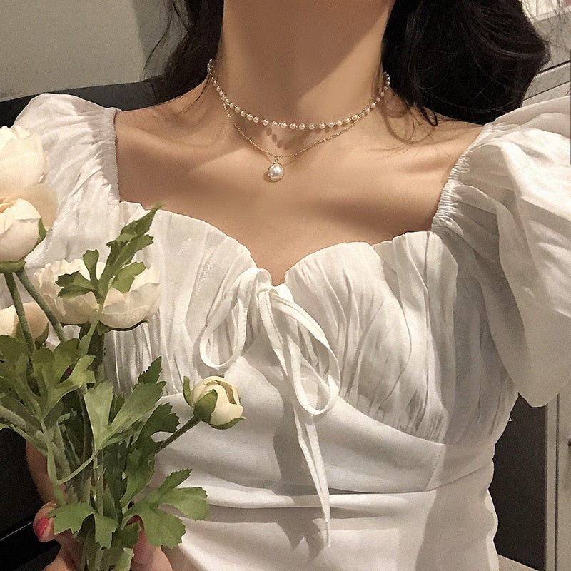 New Cute Double Layer Chain Gold Choker Necklace Women Korean Style Pearl Pendant  Simple Necklace Fashion Jewelry Collar