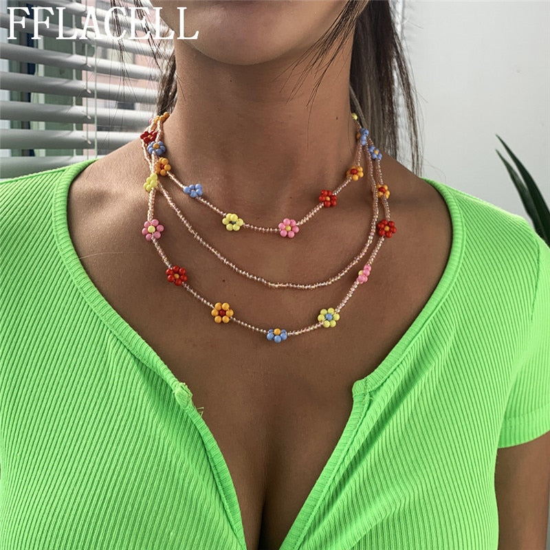 2020 Exaggerated Bohemia Handmade Pineapple Strawberry Cherry Colorful Beaded Flower Necklace for Women Vacation Jewellery