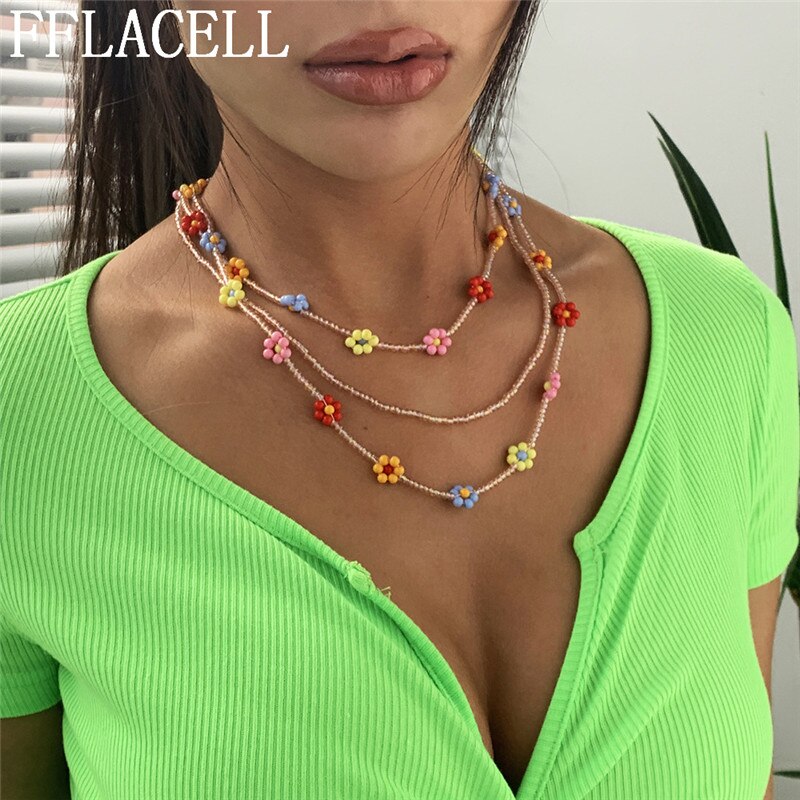2020 Exaggerated Bohemia Handmade Pineapple Strawberry Cherry Colorful Beaded Flower Necklace for Women Vacation Jewellery