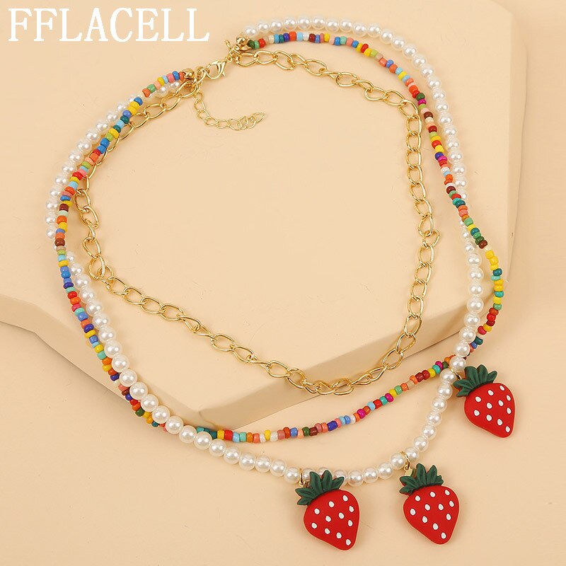 2020 Exaggerated Bohemia Handmade Pineapple Strawberry Cherry Colorful Beaded Flower Necklace for Women Vacation Jewellery