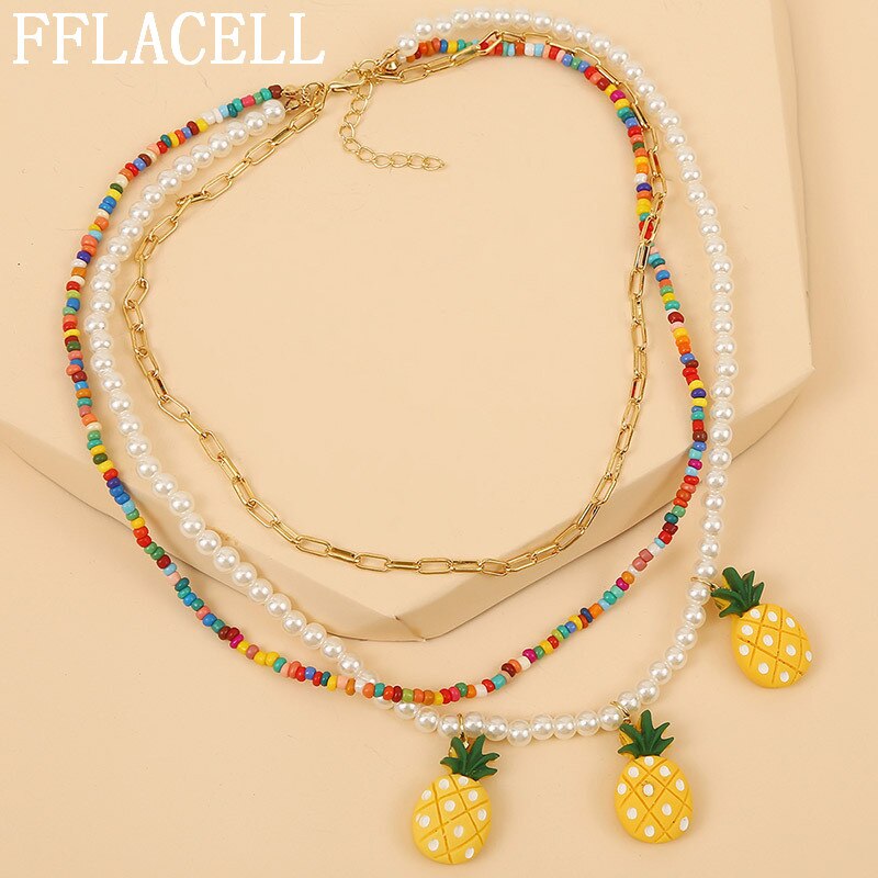 2020 Exaggerated Bohemia Handmade Pineapple Strawberry Cherry Colorful Beaded Flower Necklace for Women Vacation Jewellery