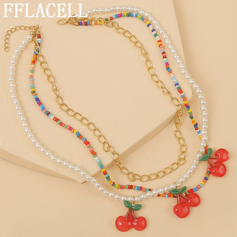 2020 Exaggerated Bohemia Handmade Pineapple Strawberry Cherry Colorful Beaded Flower Necklace for Women Vacation Jewellery