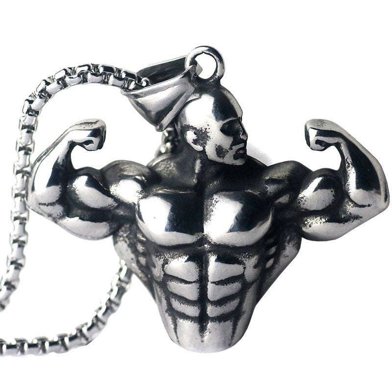 2022 Exaggerated Strong Figure Pendant Necklace Men's Gold Bodybuilding Arm Muscle Statue Pendant Necklace