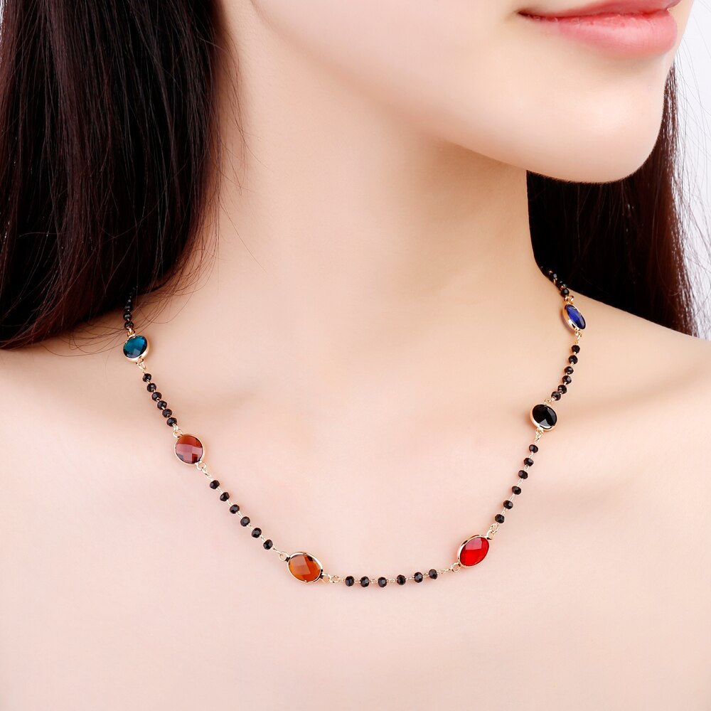 2022 Bohemian Colorful Zircon Black Crystal Seed Bead Long Chain Necklace For Women Trendy Women Jewelry Statement