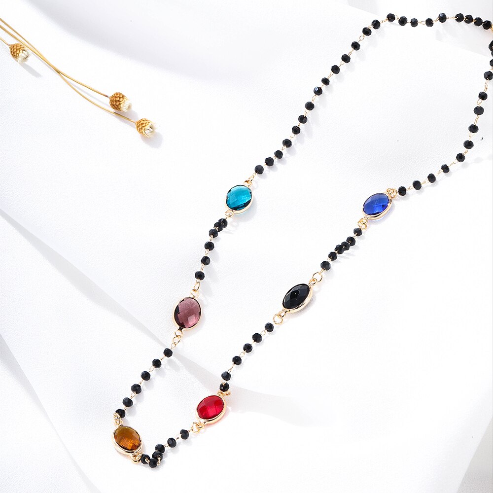 2022 Bohemian Colorful Zircon Black Crystal Seed Bead Long Chain Necklace For Women Trendy Women Jewelry Statement