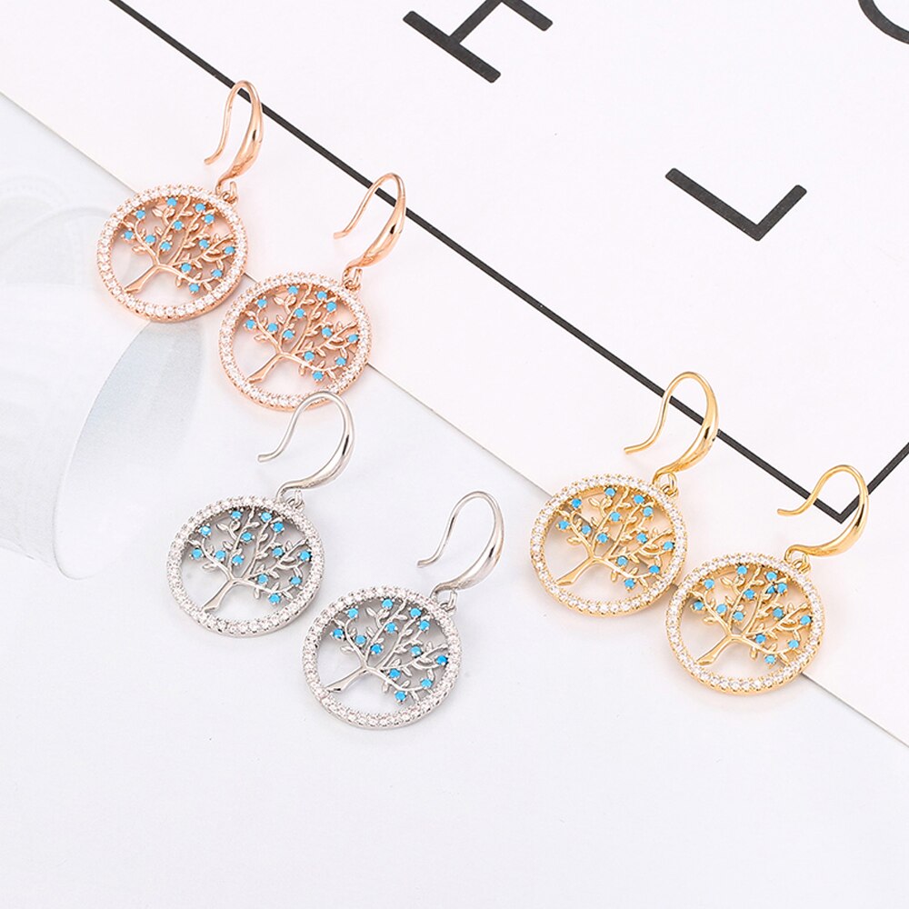 2022 Hollow Tree of Life Drop Earrings For Women Gold Silvery Round Blue Cubic Zircon Earring Woman Jewelry Gift Accessories