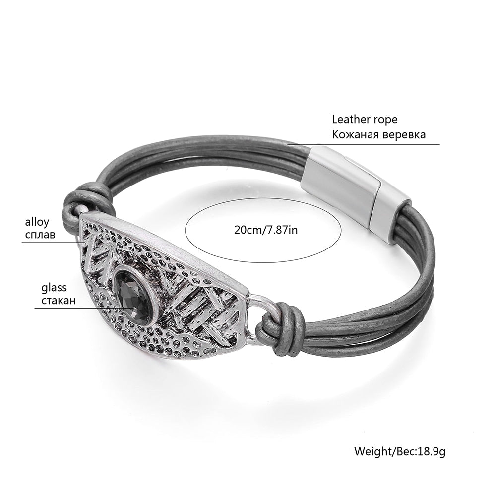 2022 Popular Vintage Wax Rope Leather Bracelet For Women Man Charm Big Black Crystal Bracelet Bangle Jewelry Men's Hand Rope