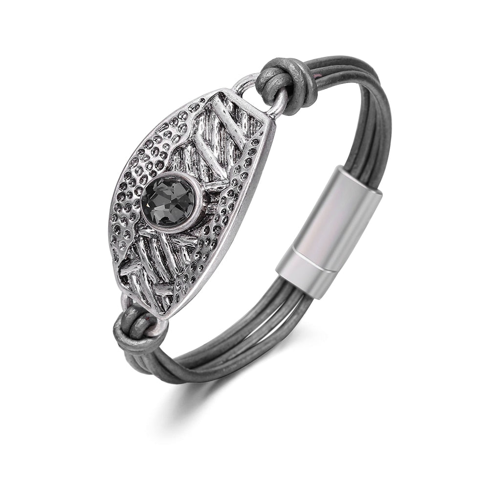 2022 Popular Vintage Wax Rope Leather Bracelet For Women Man Charm Big Black Crystal Bracelet Bangle Jewelry Men's Hand Rope