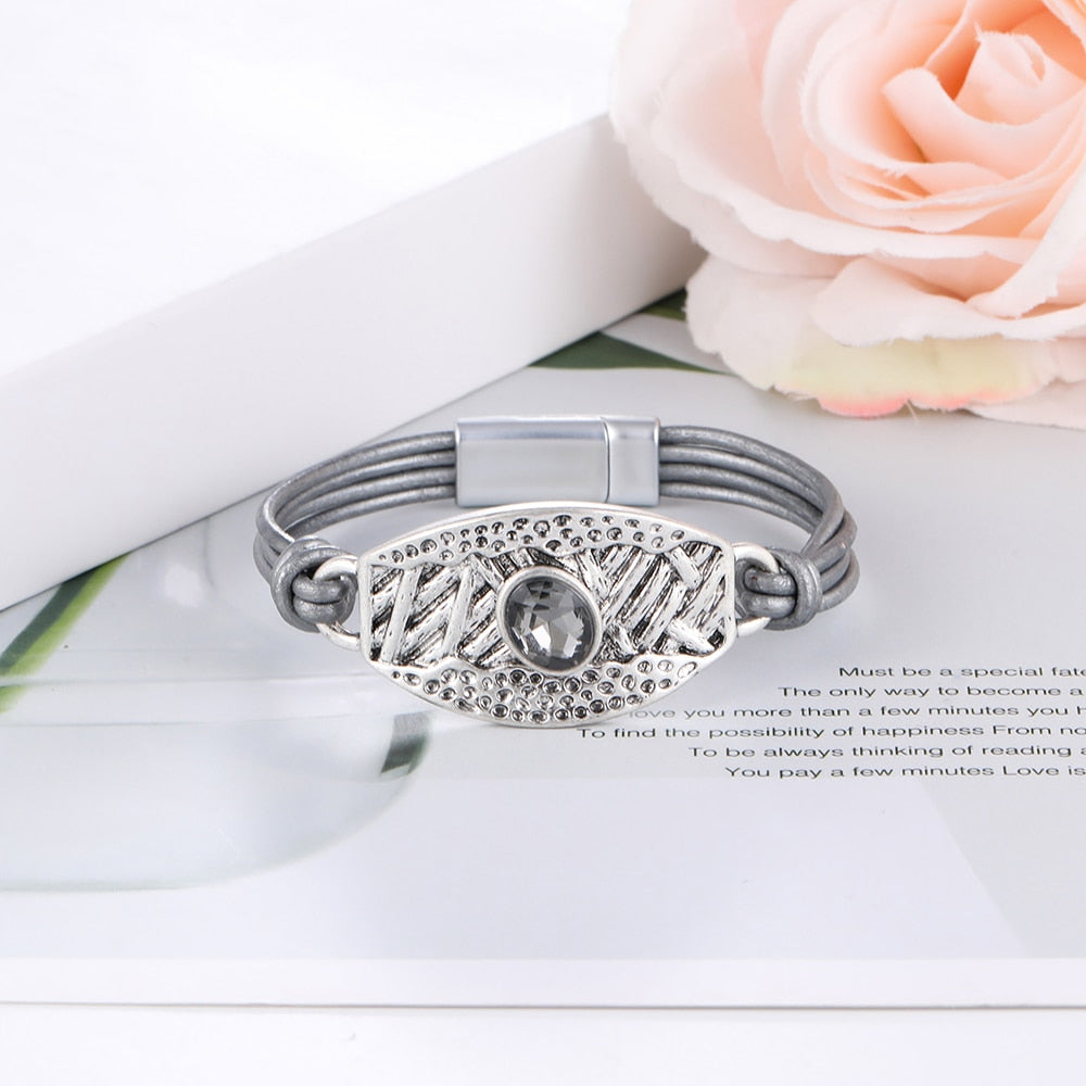 2022 Popular Vintage Wax Rope Leather Bracelet For Women Man Charm Big Black Crystal Bracelet Bangle Jewelry Men's Hand Rope