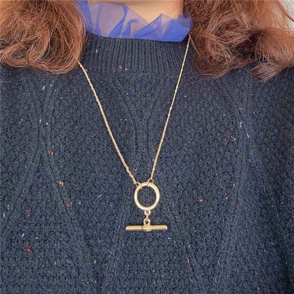 2021 Trendy Gold Color Plating T bar O bar Pendant Necklace For Women Girl Unique Special Party Jewelry