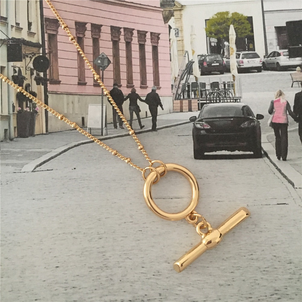 2021 Trendy Gold Color Plating T bar O bar Pendant Necklace For Women Girl Unique Special Party Jewelry