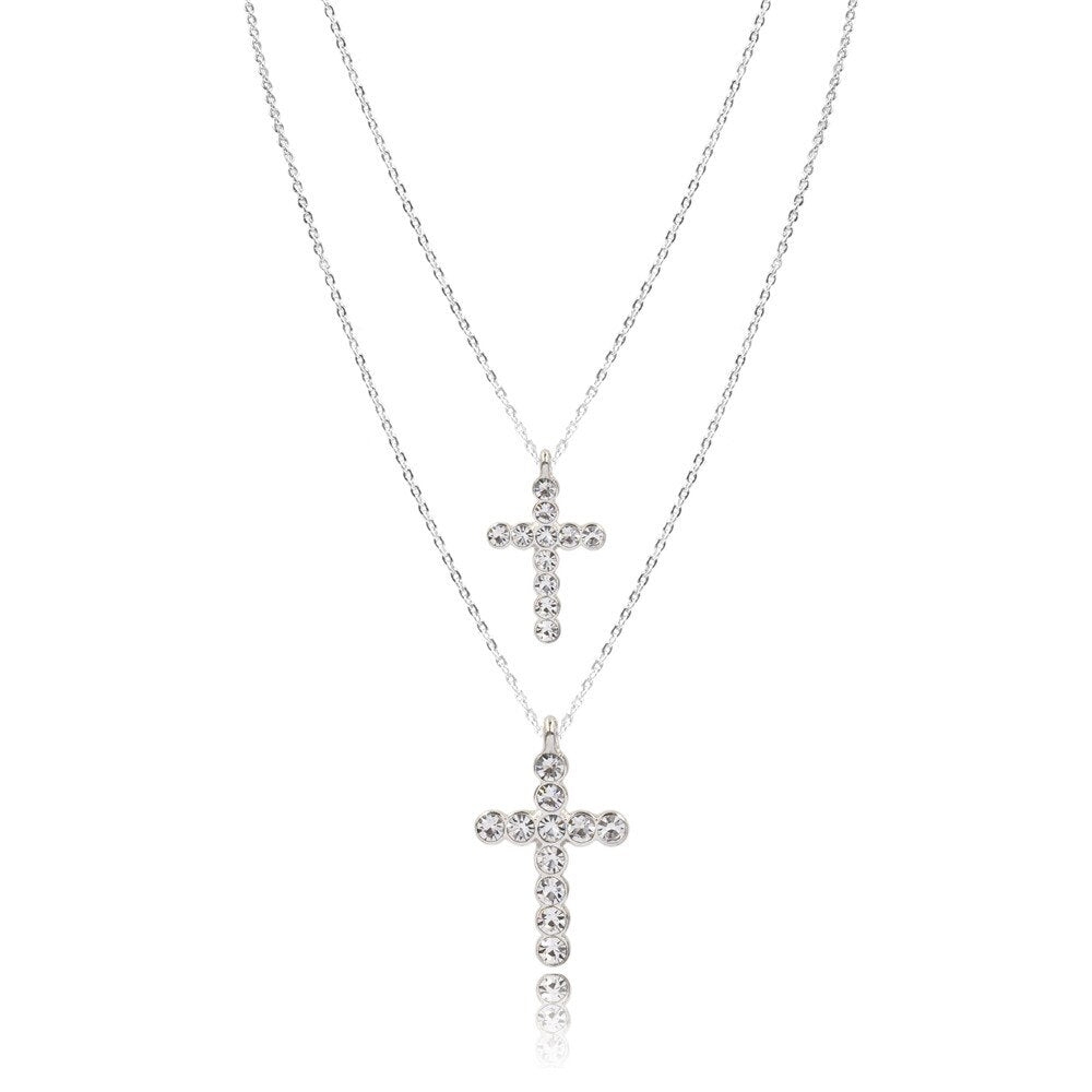 2022 Trendy Layered Necklace for Women Silver Color Chain Clear Glass Stone Cross Pendant Necklace Wedding Party Fashion