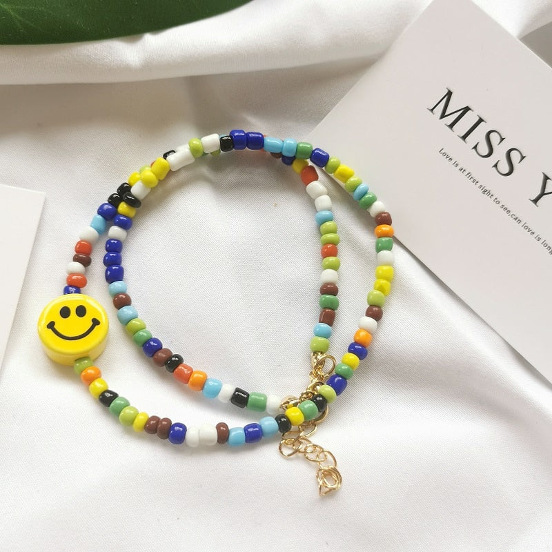 2021 hip-hop rock punk style ceramic smiling face colorful beads men's and women's general trend necklace