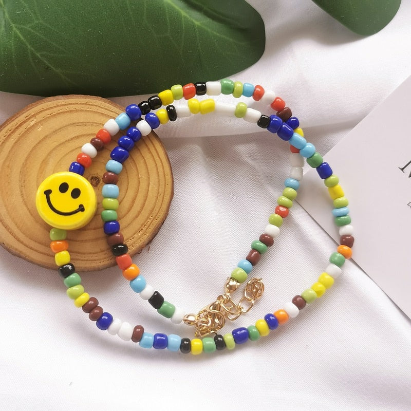 2021 hip-hop rock punk style ceramic smiling face colorful beads men's and women's general trend necklace